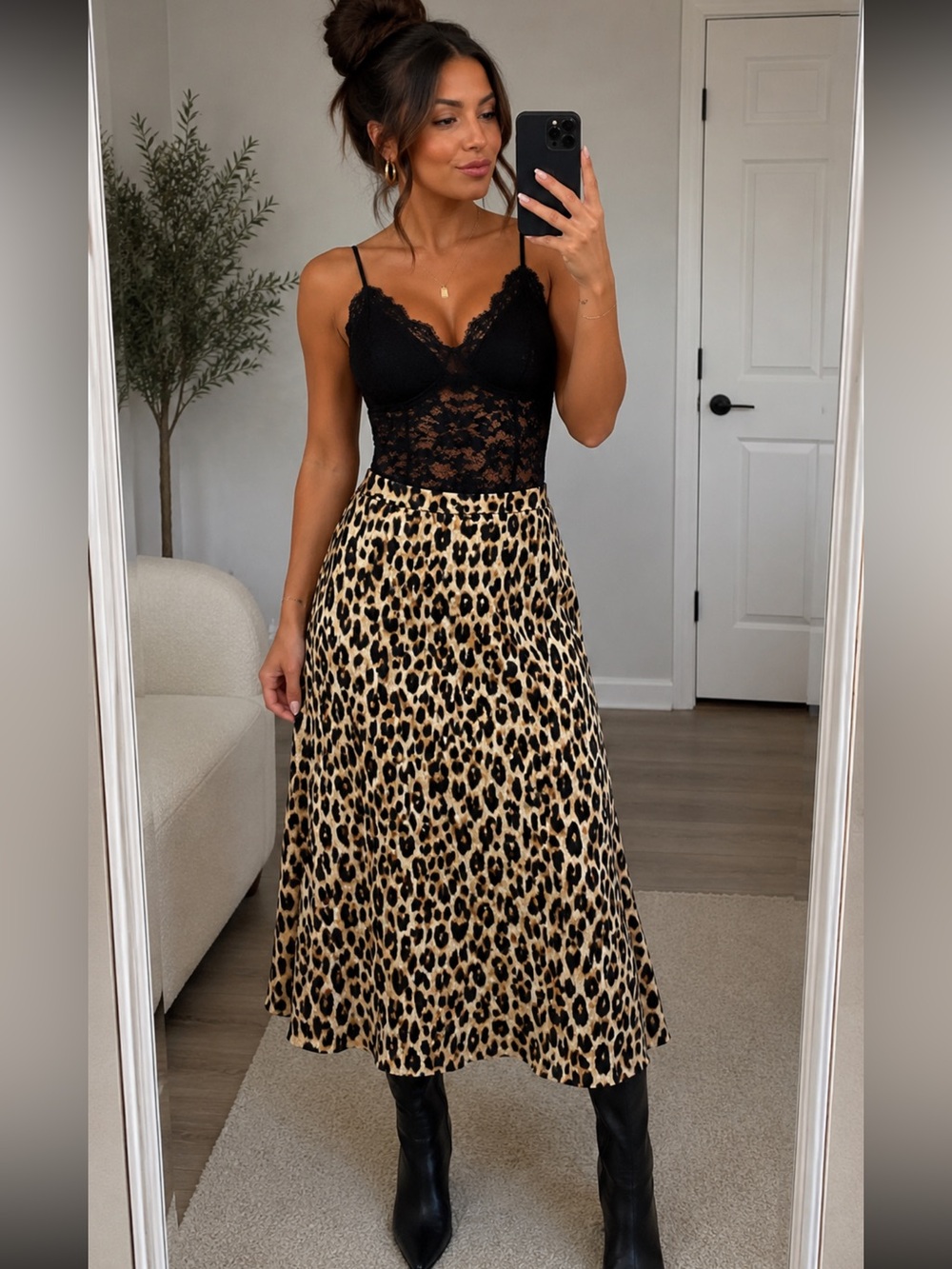 SHEIN Leopard Print Midi Skirt - Black & Tan